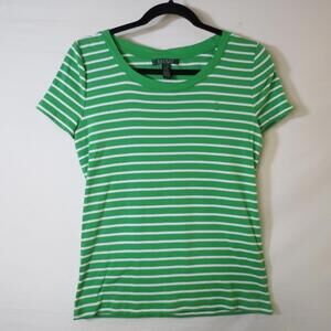 Lauren Ralph Lauren Womens Green &  White Striped T-Shirt 100% Cotton Size M